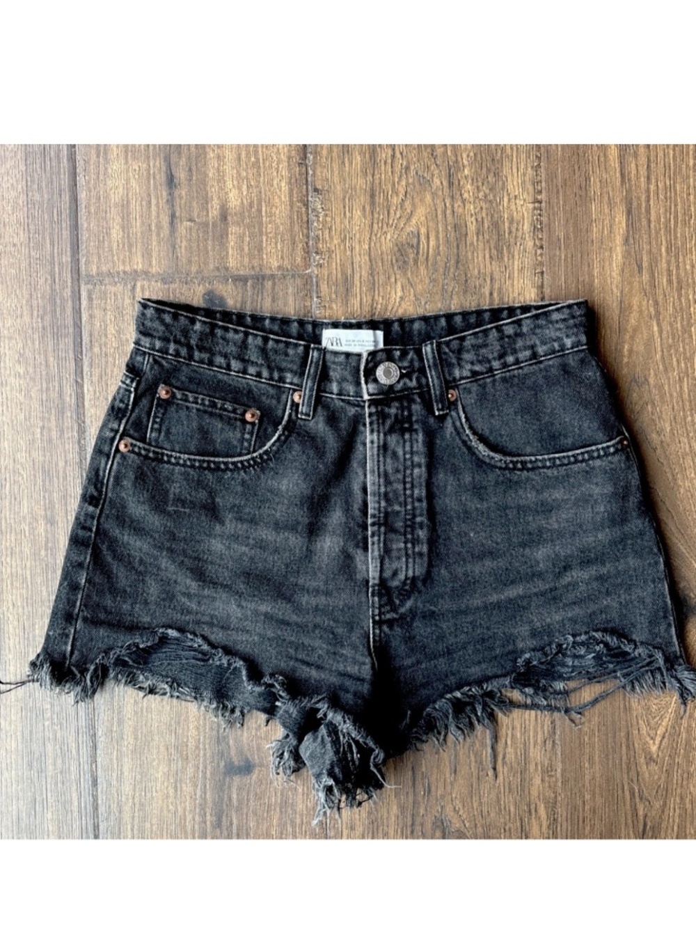 Zara Womens Black Denim High Rise Flat Front Distressd Hem Cut Off Shorts Size 6
